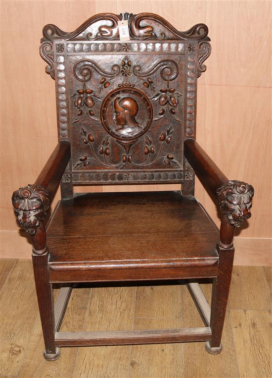 A 17th century style oak Wainscot chair, W.2ft 4in. H.3ft 8in.